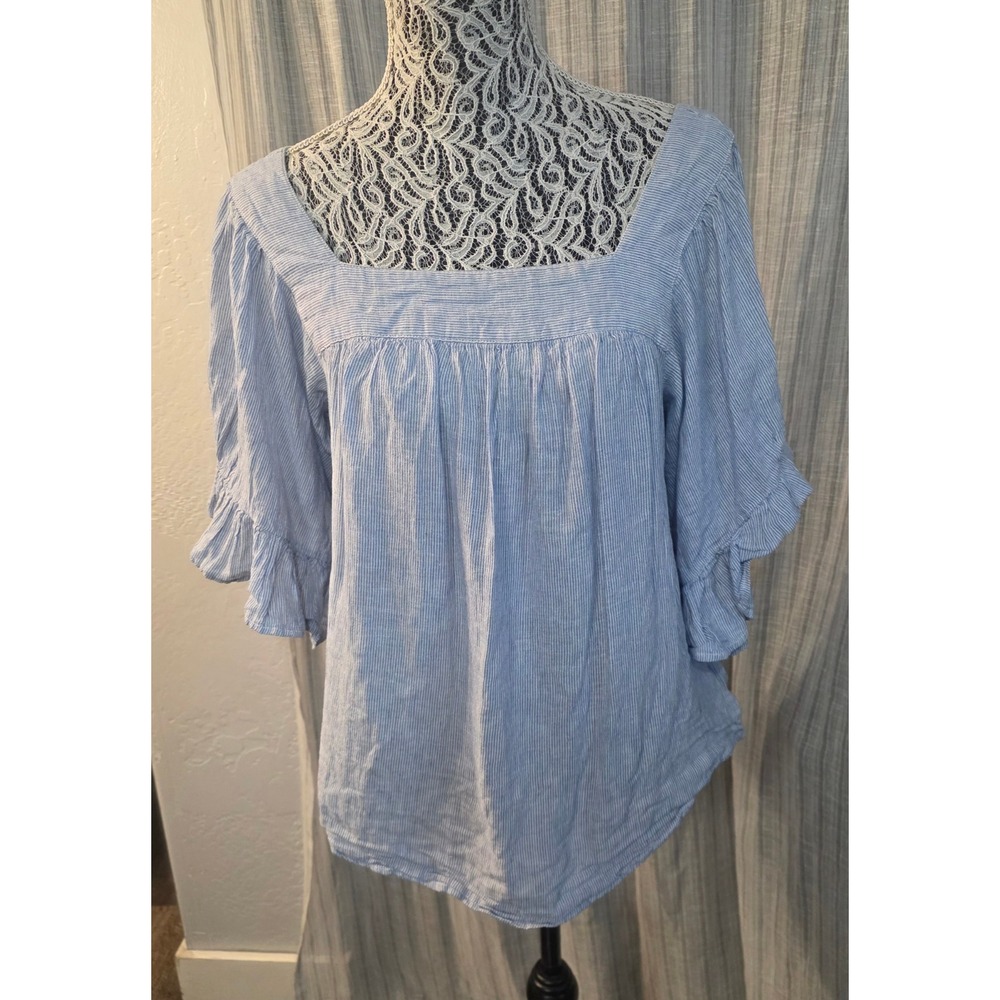 Beachlunchlounge Blue White Striped Linen Blend Ruffle Sleeve Blouse Large